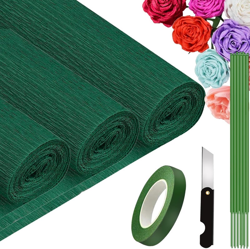 VNAKER Crepe Paper Roll Dark Green (9.8Inch x 8.2Ft/3Rolls), Thick Papel Crepe Set, Crepe Paper Sheet for Flower Making, Crepe Paper for Valentine's Day, Birthday Wedding Decoration DIY Craft - Image 1